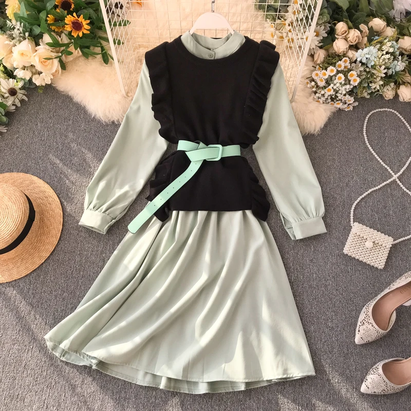 ALPHALMODA модный жилет с поясом+ платье с длинными рукавами комплект из 2 предметов, однобортное платье-рубашка, вязальный резервуар, Женский Повседневный осенний комплект