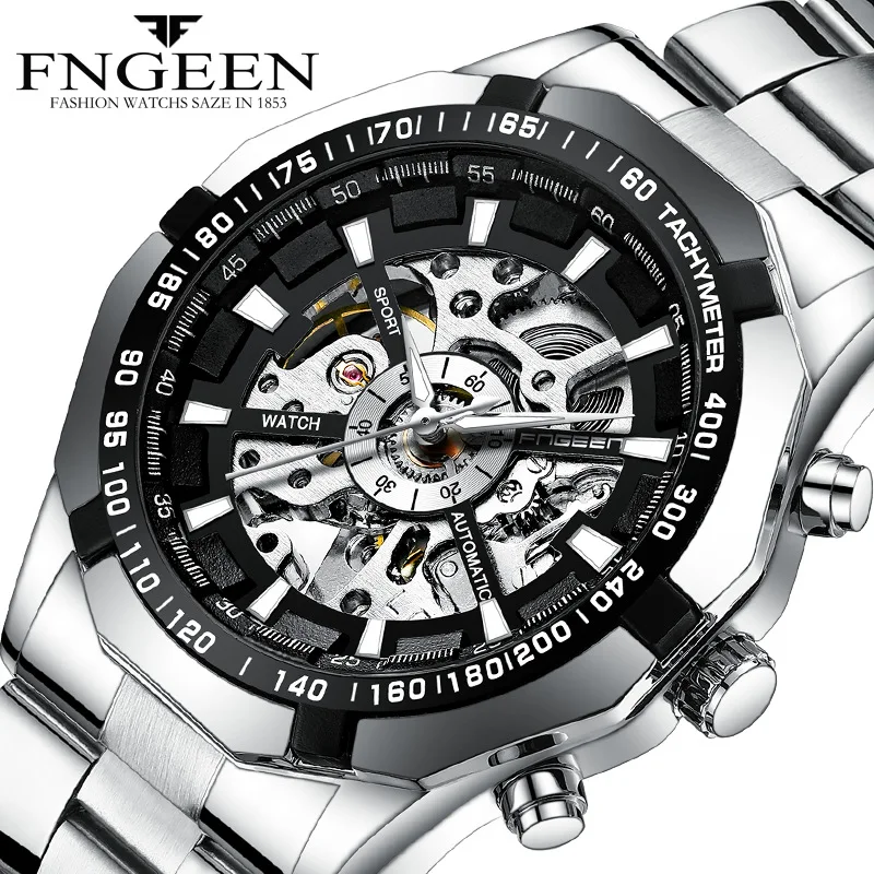 

FNGEEN Series Men Watch Clock Fashion Mechanical Watch For Men Steel Straps Automatic Watch Hollow Out Machine Men's Waterproof