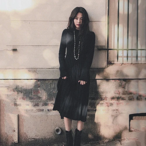 Kpop Blackpink JENNIE одинаковое зимнее модное черное трикотажное платье для женщин Harajuku стиль Уличная Сексуальная свитер с переснованной лентой платья - Цвет: black