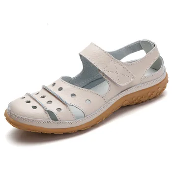 

Mother Women's Female Ladies Genuine Leather White Shoes Sandals Hook Loop Summer Cool Beach Hollow Soft LLX-9566