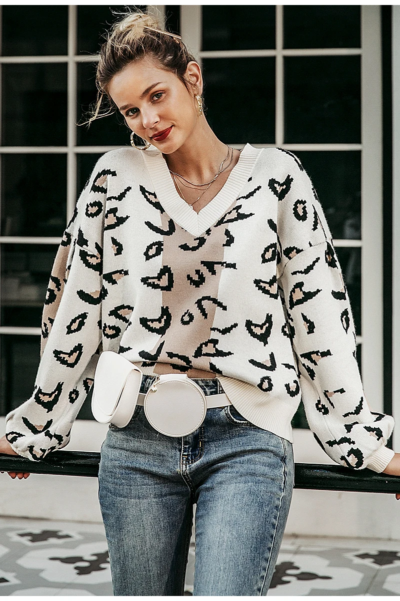 Simplee женское свитер леопардовым принтом повседневный джемпер свитер фонарь рукав уличная одежда дамы в целом