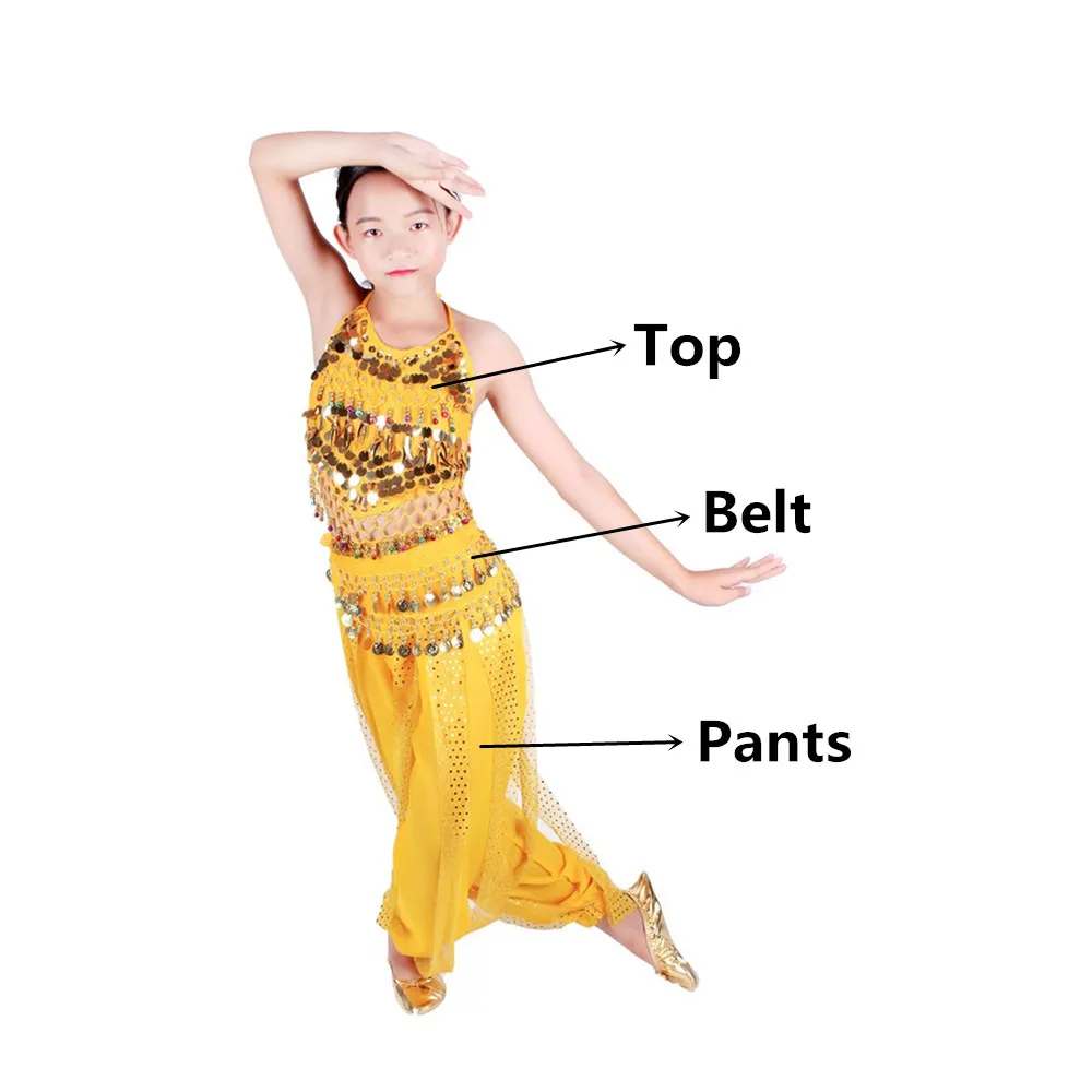 Yellow 3pcs Костюмы для танца живота, для детей, для восточных танцев, для девочек, для танца живота, индийский комплект для танца живота, одежда для танца живота, для детей, индийский, 6 цветов - Color: Yellow 3pcs