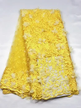 

Yellow African French Beaded Lace Fabric 2019 High Quality 3 d flowers Lace Fabric Nigerian Tulle Mesh Lace Fabric for Wedding