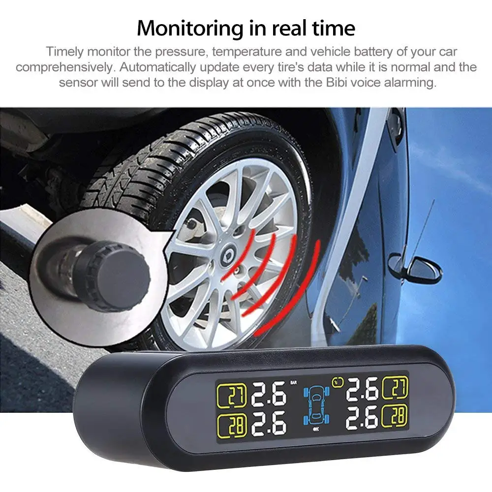 Система контроля давления в шинах TPMS на солнечных батареях, HD цифровой ЖК-дисплей, инструмент автоматической сигнализации, беспроводной 4 внешних датчика