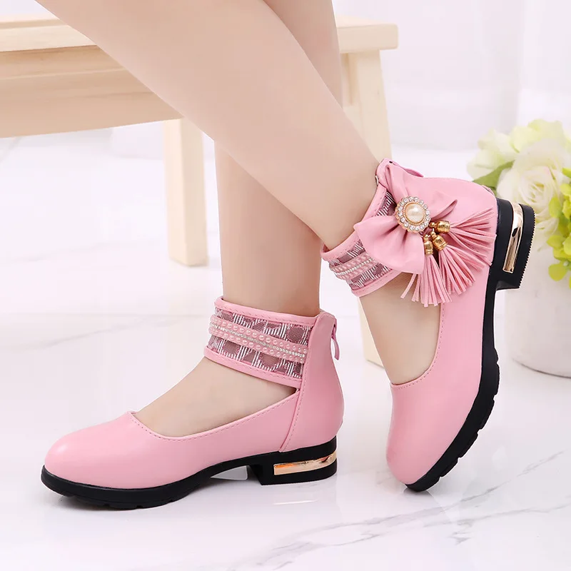 Spring New Princess Tassel Bow Children Girl Wedding Shoes For Big Kids High Heel Leather Shoes Size 3 4 5 6 7 8 9 10 11 12 13