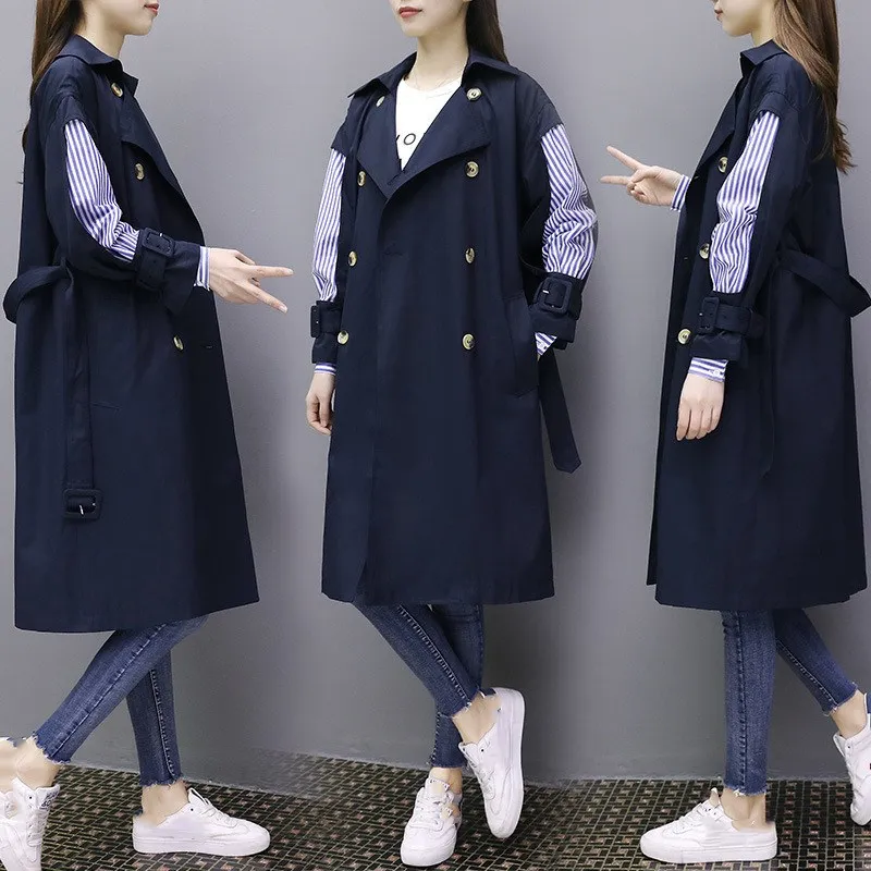 

Spring Trench Coat For Women Stripe Windbreaker Coat Office Lady Loose Stripe Patchwork Long Windbreaker