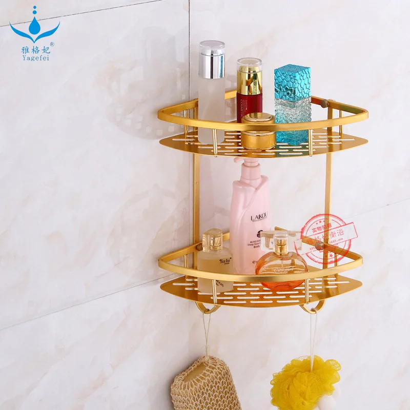 

Hot Selling Alumimum Triangular Aluminium Plate Storage Shelf Gold Set Square Toilet Double Layer Three Layer Corner Mesh Basket