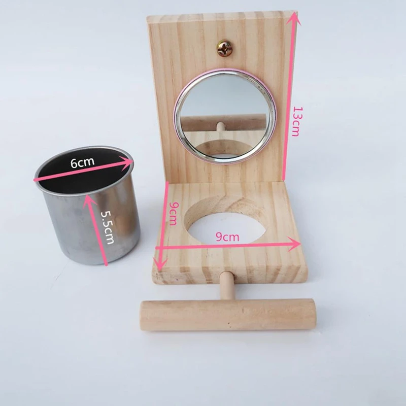 Деревянная миска для кормления птиц из нержавеющей стали с зеркалом, подставка для попугая, игрушечная чашка для птиц