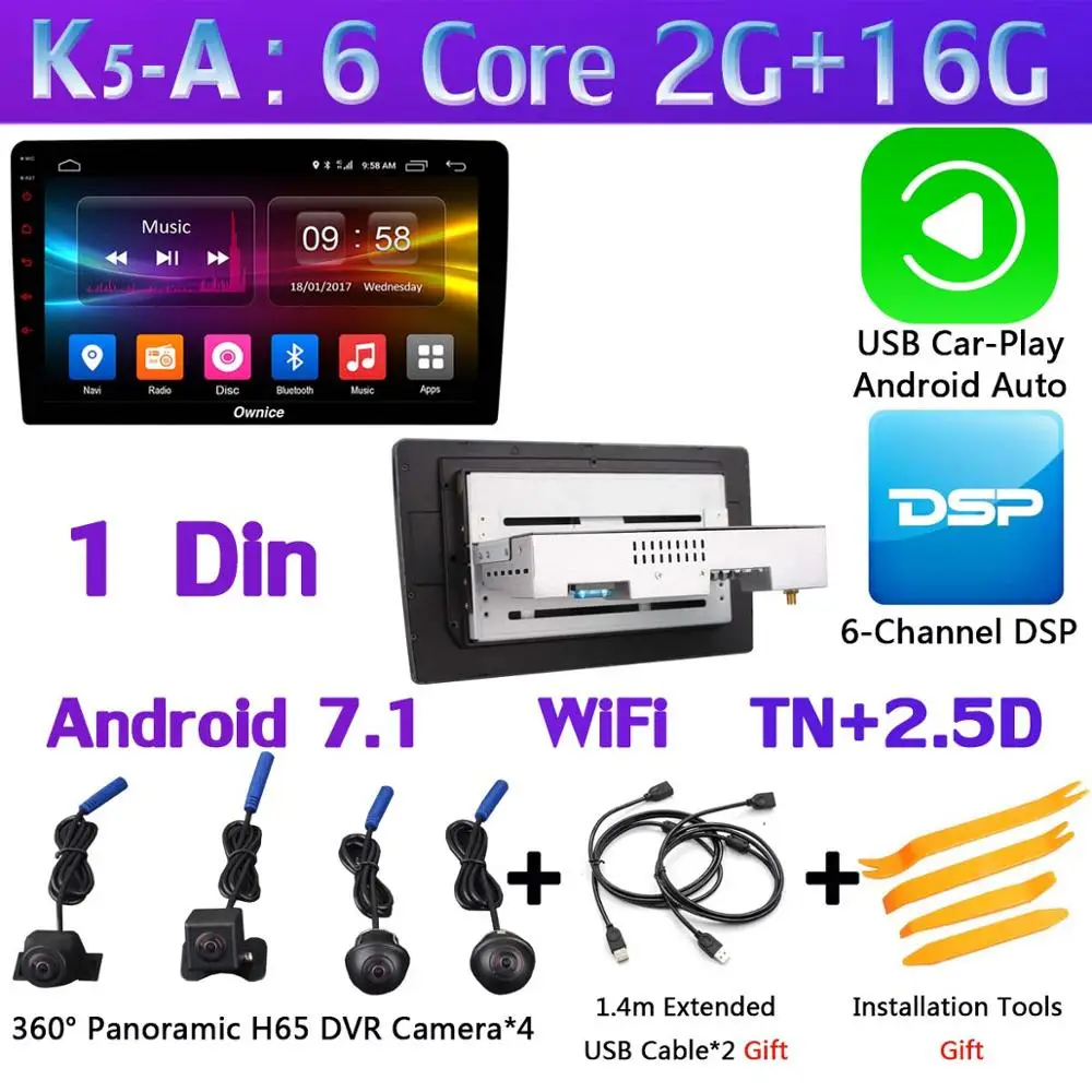 Ownice K5 360 ° панорамная система 4 × AHD DVR камера Android 7,1 6Core 2G+ 32G Автомобильный мультимедийный плеер Радио Стерео gps DSP CarPlay WiFi - Цвет: 1 Din-K5-A-CarPlay