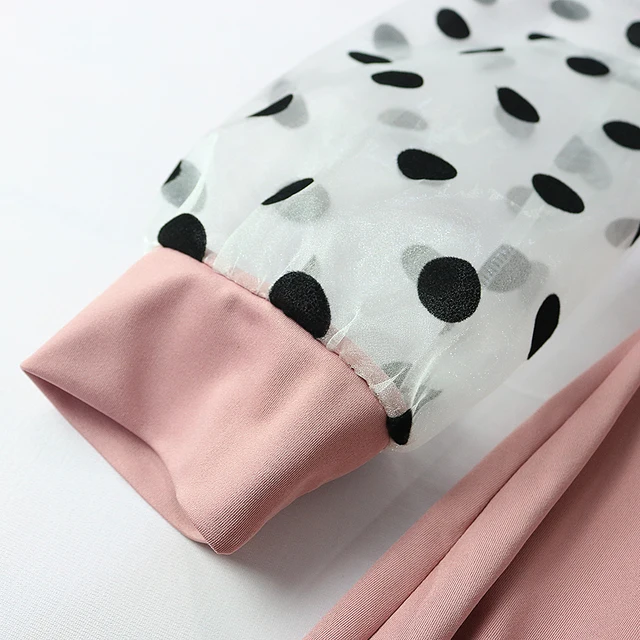 Pink O Neck Transparent Mesh Long Sleeves Polka Dot Classy Elegant Office Dress 5