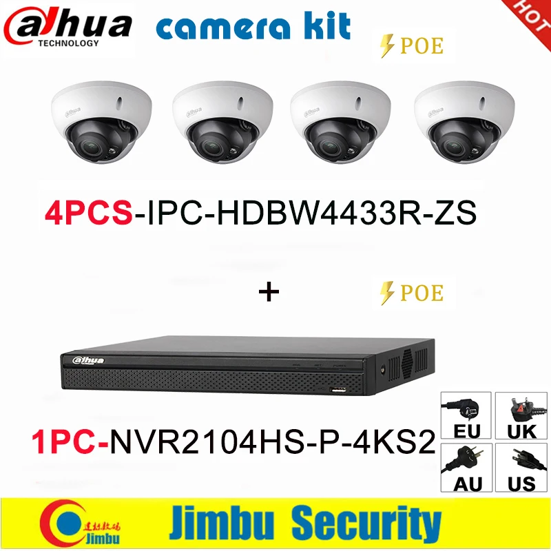

Dahua IP Camera Kit NVR kit 4CH 4K video recorder NVR2104HS-P-4KS2 & Dahua 4MP IP camera 4pcs IPC-HDBW4433R-ZS multi-language