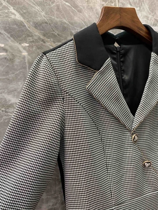 Autumn Early New Woman Colour Mosaic Flipped Collar Chicken Bird Checker Chain Edge Dress 923
