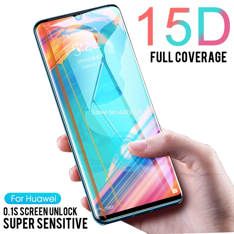 15D Full Curved Protective Glass on For Huawei P30 Pro P30 Lite