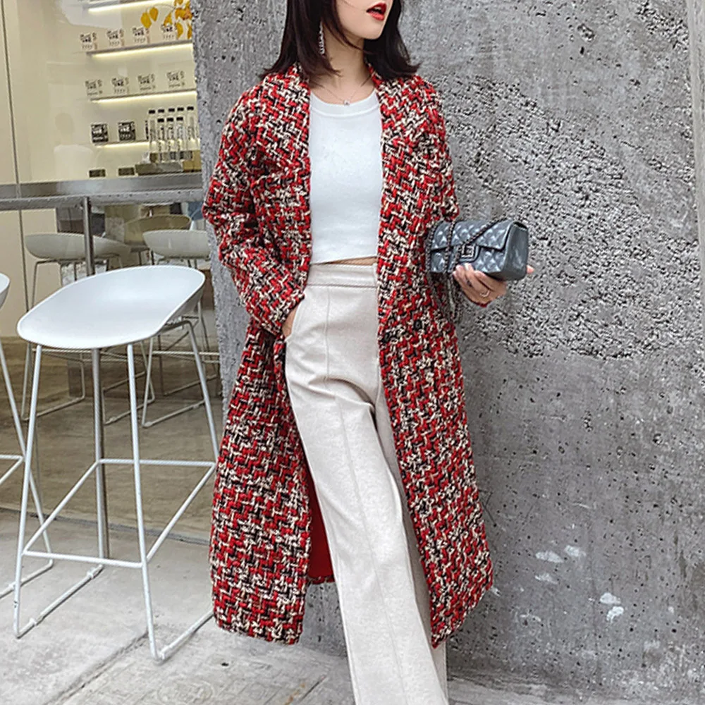 

Winter Women's Trench Coat Color Block Patchwork Long Jackets Turn-down Collar Oversize Windbreaker Long Sleeve Woolen Overcoat