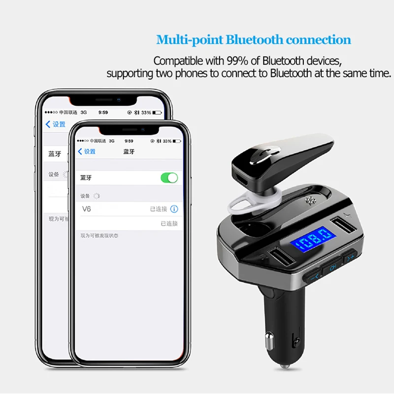 Автомобильный комплект Handsfree Bluetooth с наушником, FM, Bluetooth передатчик, Handsfree, Bluetooth, автомобильный комплект, зарядное устройство, адаптер, 2 USB порта
