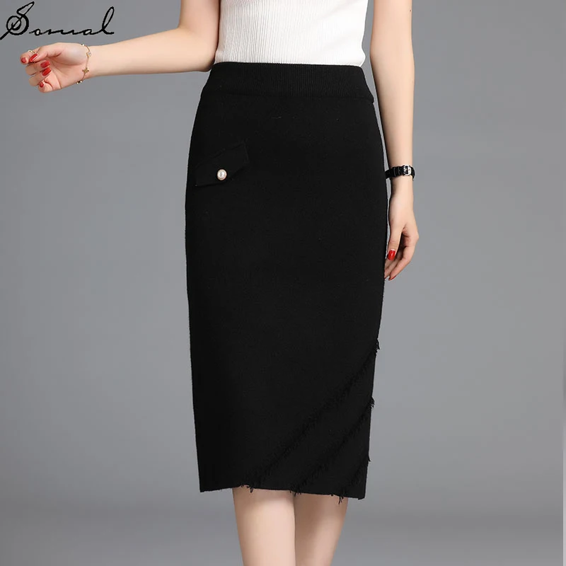 

SOMAL Ladies Casual Knitted Pencil Skirts Long 2020 Autumn Winter Women Wrap Skirt with Pocket and Button Thick and Warm Midi