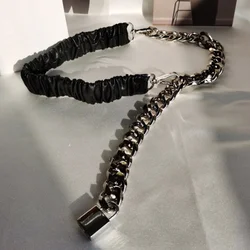 Elegant Elastic Leather Silver Chain Belt - 85x3.5 cm (Black belt)