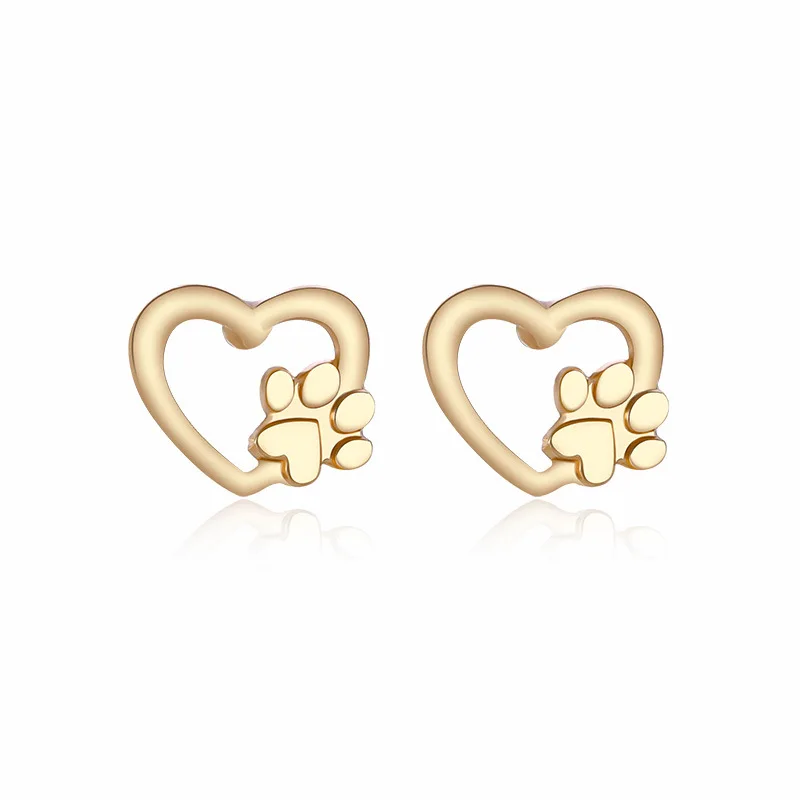 Cute Cat Dog Pet Claw Paw Print Love Heart Earring Stud Silver Gold Hollow Heart Korean Earring brincos Women Girl Jewelry