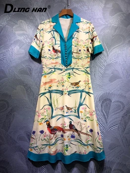 

DLINGHAN Fashion Short Sleeve Dress Sexy V-Neck Animal Flower Print High Waist Slim Party Dresse Summer Women's New