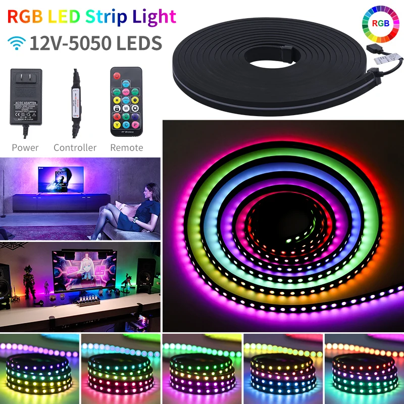LED Lights 5m RGB 5050 SMD Flexible Waterproof Muti-Color Led Strip 12v Black Silica Gel Neon Light Band with Remote Control | Лампы и