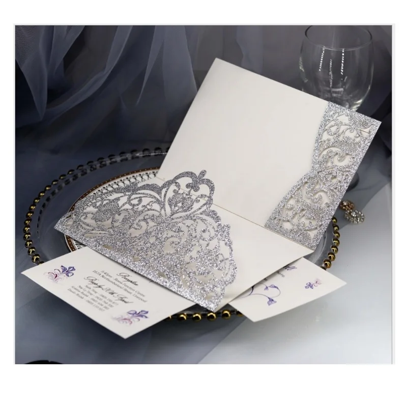 100 Pcs Gold Silver Glitter Laser Wedding Invitations Tri-Folding Party Greeting Card