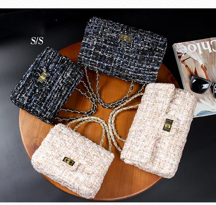 Womens Wool Plaid Handbag Double Flap Lattice Handbag Purse 2019 Classic Luxury Tweed Crossbody bag Chain Shoulder Bag for Women (5)