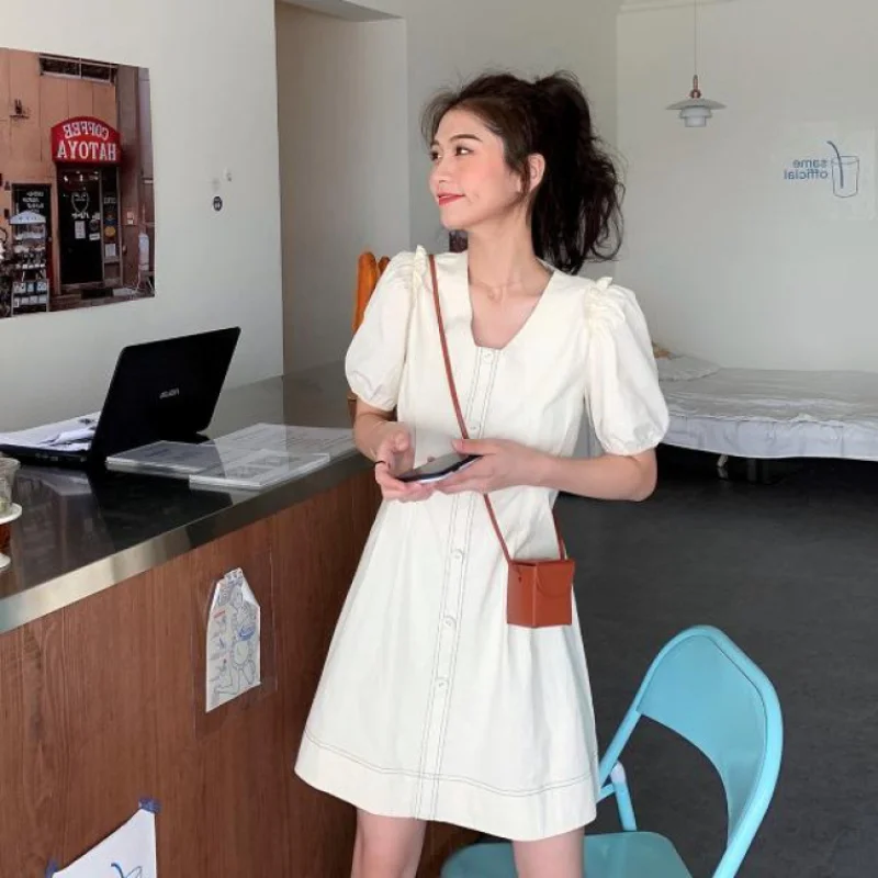 

New Korean White One-Piece Dress Female Summer New Vintage V-Neck Puff Sleeve Elegant Dress Women Holiday Party Dress FOR 2020