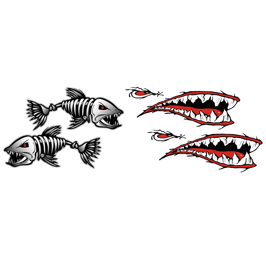 4 Vinyl Shark Mouth & Fish Skeleton Decal Sticker Kayak Boat Canoe Graphics 