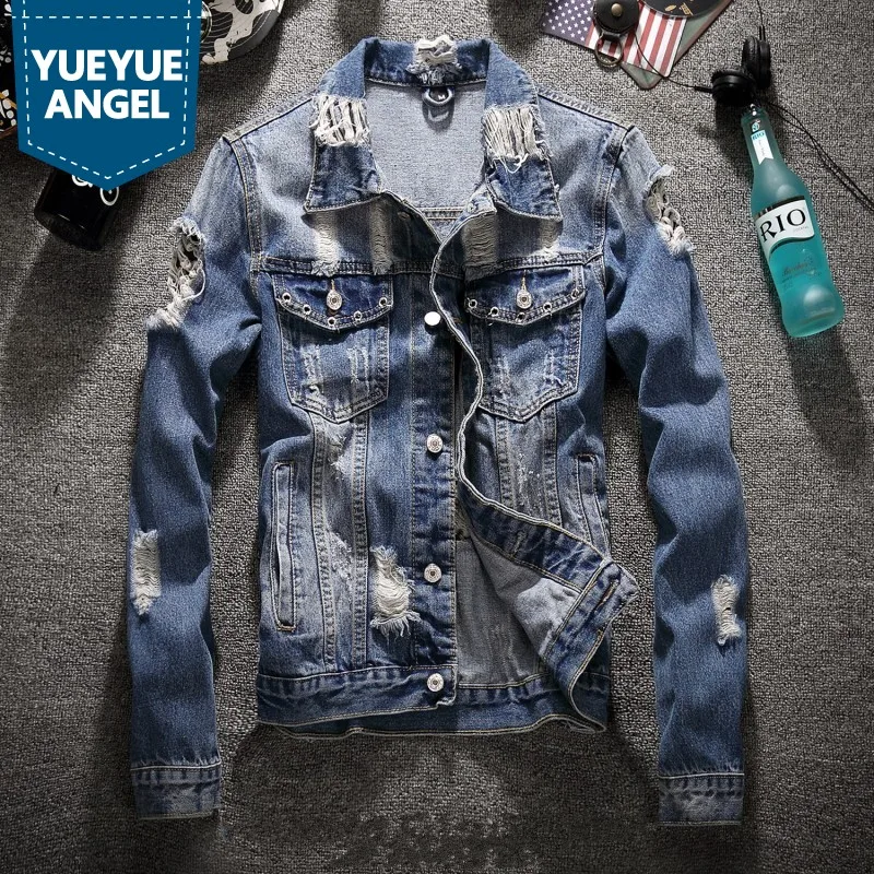 

High Street Men Ripped Hole Washed Denim Jacket Fashion Loose Short Cowboy Jacket Plus Size 5XL Spring Autumn Frayed Coat Male