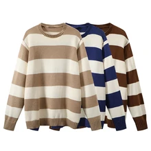 

Vintage Women Loose Striped Cotton Pullover Sweaters 2021 Autumn Fashion Ladies Oversize Tops Girls Chic Knitwear