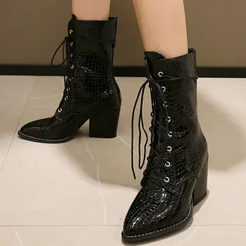 

2020 New Women Ankle Boots Stone Pattern PU Leather Women Western Boots Lace Up Fashion Pointed Toe Shoes Thick Heel Women Boots