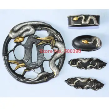 

Fine Brass Copper Plated With Gold Silver Snake Guard Tsuba Menuki Fuchi Kashira For Japanese Wakizashi Samurai Katana Sword