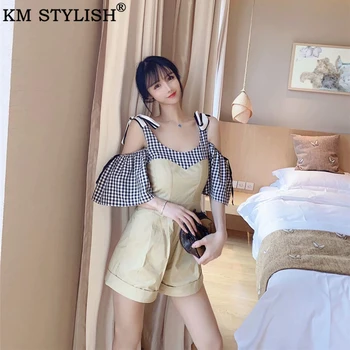 

Playsuits Jumpsuits For Women Summer 2020 Khaki Butterfly Flower Plaid Off Shoulder Overalls Wide Leg Short Jumpsuits Rompers