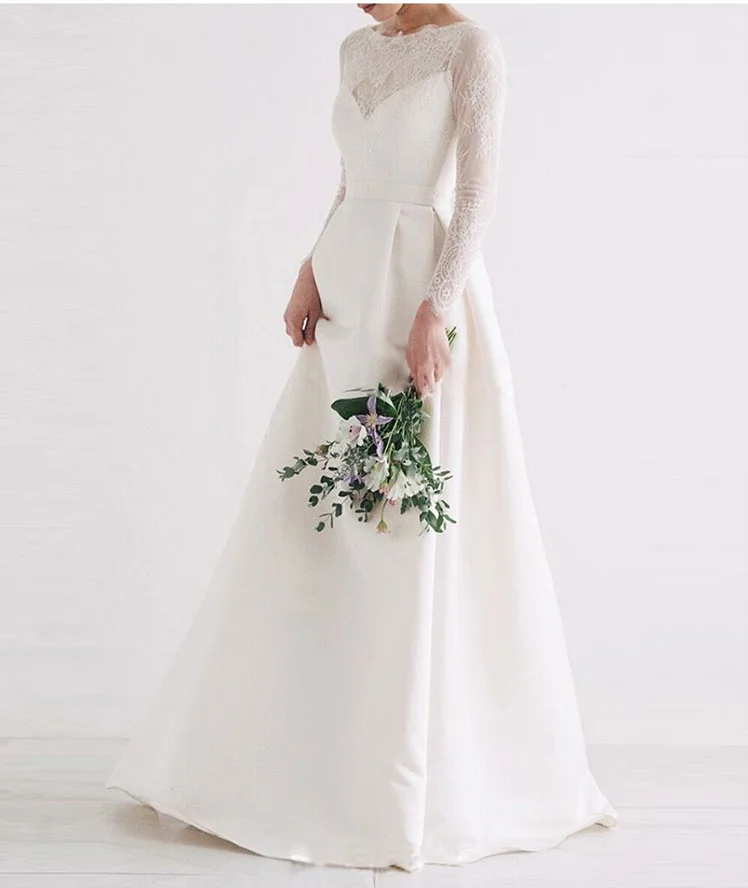 

Elegant White Lace Wedding Dresses Long A Line O Neck Sweep Trian Backless Wedding Party Bride Dresses 2019 Wedding Gowns