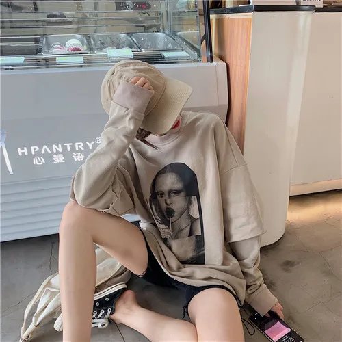 

Character Printed Casual Loose Basic All Match Oversize O-neck Patchwork 2019 Hot Sale Autmn New Arrival Female Women Sweatshirt