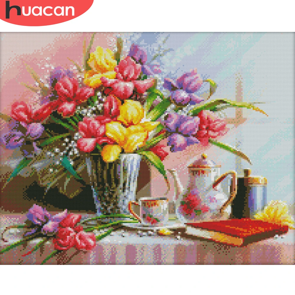 HUACAN Cross Stitch Flower In Vase Kits White Canvas Embroidery Floral Needlework Sets 11CT 14CT DIY Gift Home Decoration | Дом и сад