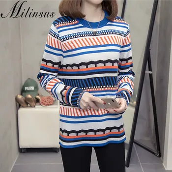 

2020 Winter New Geometric Pattern Pullovers Women Plus Size Sweater Fashion Multi-color Stripes Knit Sweaters Woman Clothing