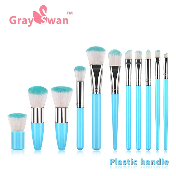 Blue handle 11 шт., натуральные кисти для макияжа из бамбука, наборы, основа, пудра, Косметические румяна, тени для век, для женщин, красота, блеск, макияж, брус - Handle Color: Blue handle