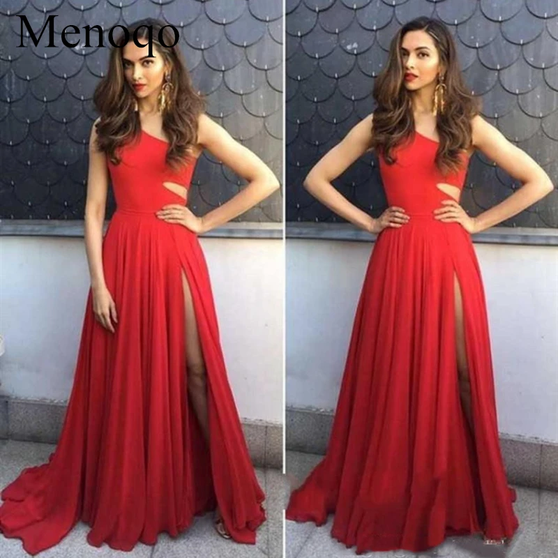 

Menoqo Sexy Red One Shoulder Prom Dresses A-line Side Split Chiffon Long Special Occasion Dresses Robes de mariee P29AU7