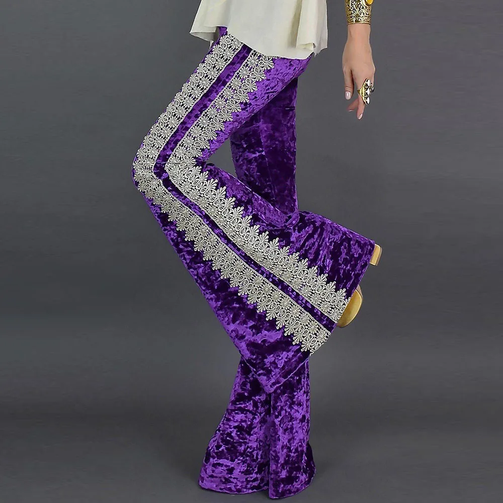 SEBOWEL осенне-зимние зеленые/фиолетовые вязанные крючком кружевные Бархатные расклешенные брюки для женщин дизайн женские расклешенные брюки S-XL