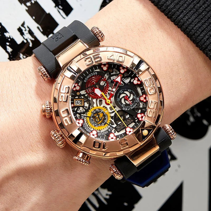 

Reef Tiger / RT Top Brand DESIGN Luxury Men Sports Watch Chronograph Rose Gold Skeleton Watch Waterproof reloj hombre masculino