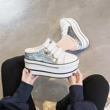 

Slippers 2020 spring and summer thick bottom increased 10CM leather sequins semi-towed Baotou wild Velcro women's shoes FS-12