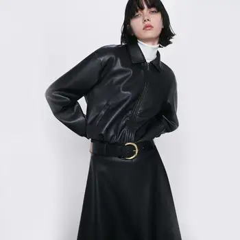 

2019 Za Fashion Women Faux Leather Coat Statement Autumn Long Sleeve Pu Jacket Loose Street Leisure Cool Hot Sale Wholesale