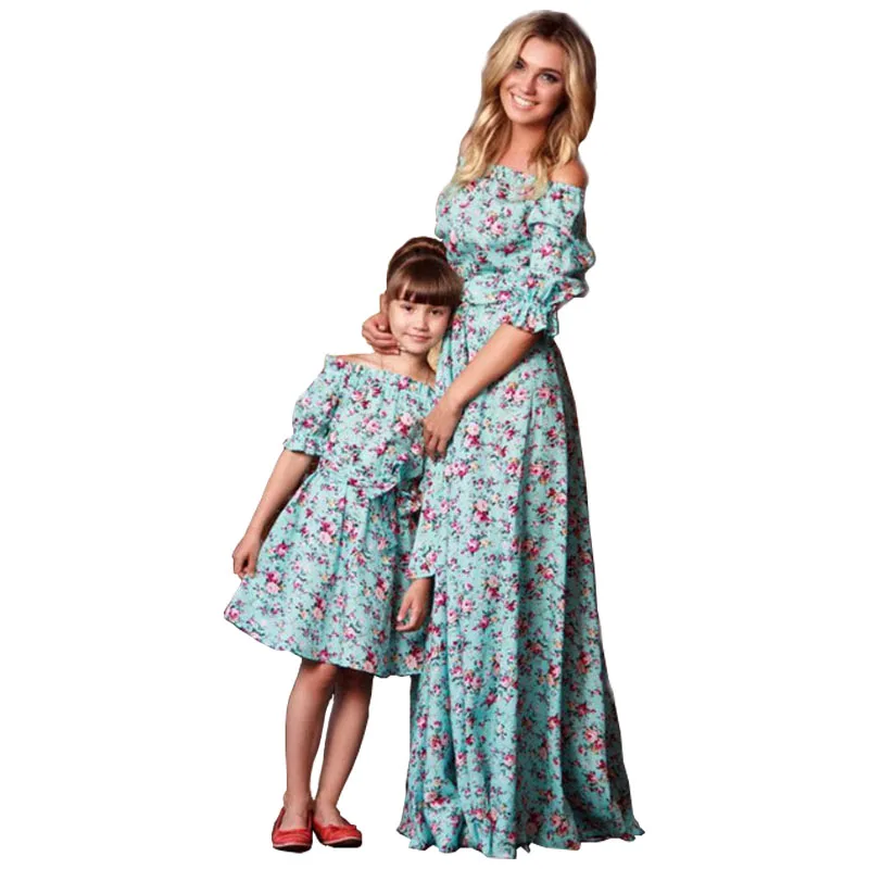 

New Summer Mom and Daughter Dress Lotus Half Sleeve One Shoulder Lotus Sleeve Dress Mother and Daughter Clothes for The Family