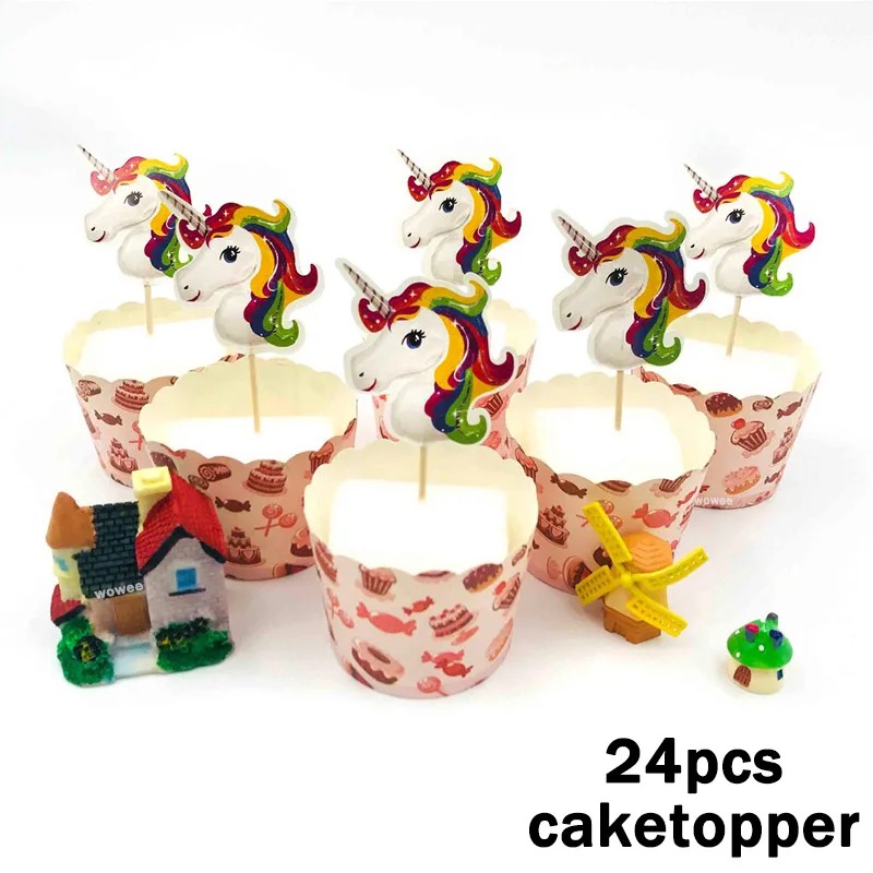 10 Kids Unicorn Disposable Tableware Happy Birthday Party Supplies Festival Decoration Event Favor Gender Reveal Girls Pink - Цвет: 24Caketopper