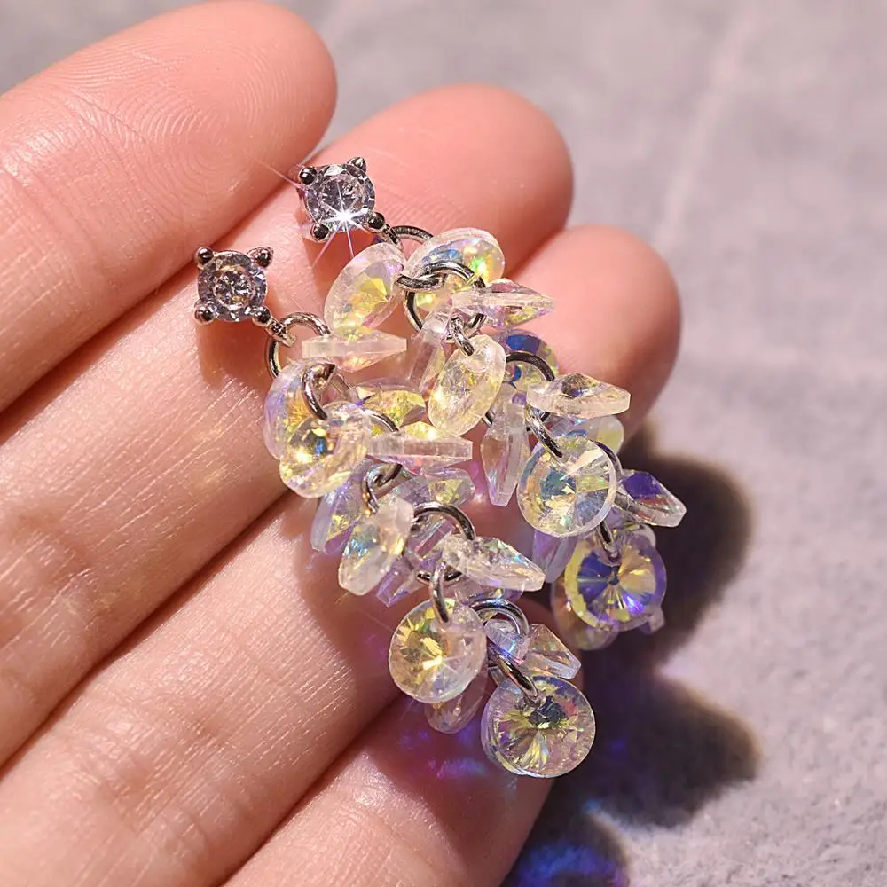 

Exquisite Austria Crystal Dangle Drops Silver Earrings for Women Luxury Temperament Colorful Crystals Long Earrings Accessories