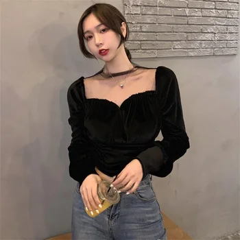 

Women Sexy Top Shirt 2020 Spring And Winter Perspective Splicing Short Velvet Female Bottom Blouse