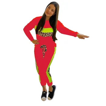 

autumn winter new leopard patchwork long sleeve hoodies and pants suit two piece outfits tracksuit
