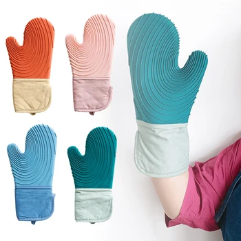 

Silicone Microwave Oven Mitts Long Cotton Baking Insulation Gloves Microwave Heat Resistant Non-Slip Kitchen Cooking Gloves