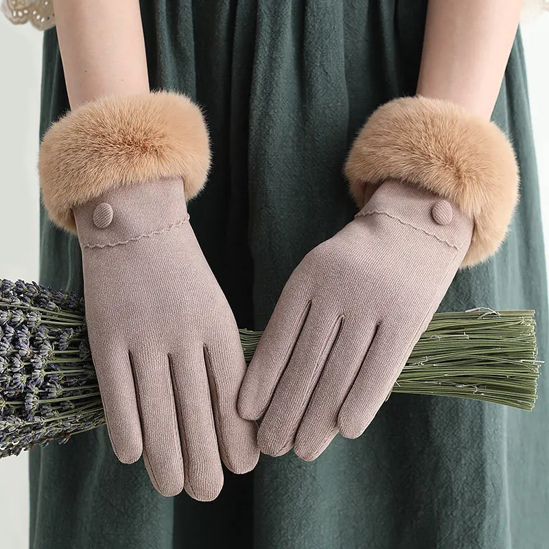 

Plus Velvet Inside Thicken Warm Mittens Outdoor Cycling Faux Fur Winter Gloves Solid Color Full Finger Touch Screen Hand Warmer